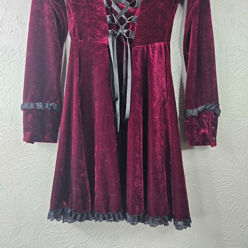 Killstar Burgundy Velvet Lace-Trim Mini Dress - Picture 11 of 13